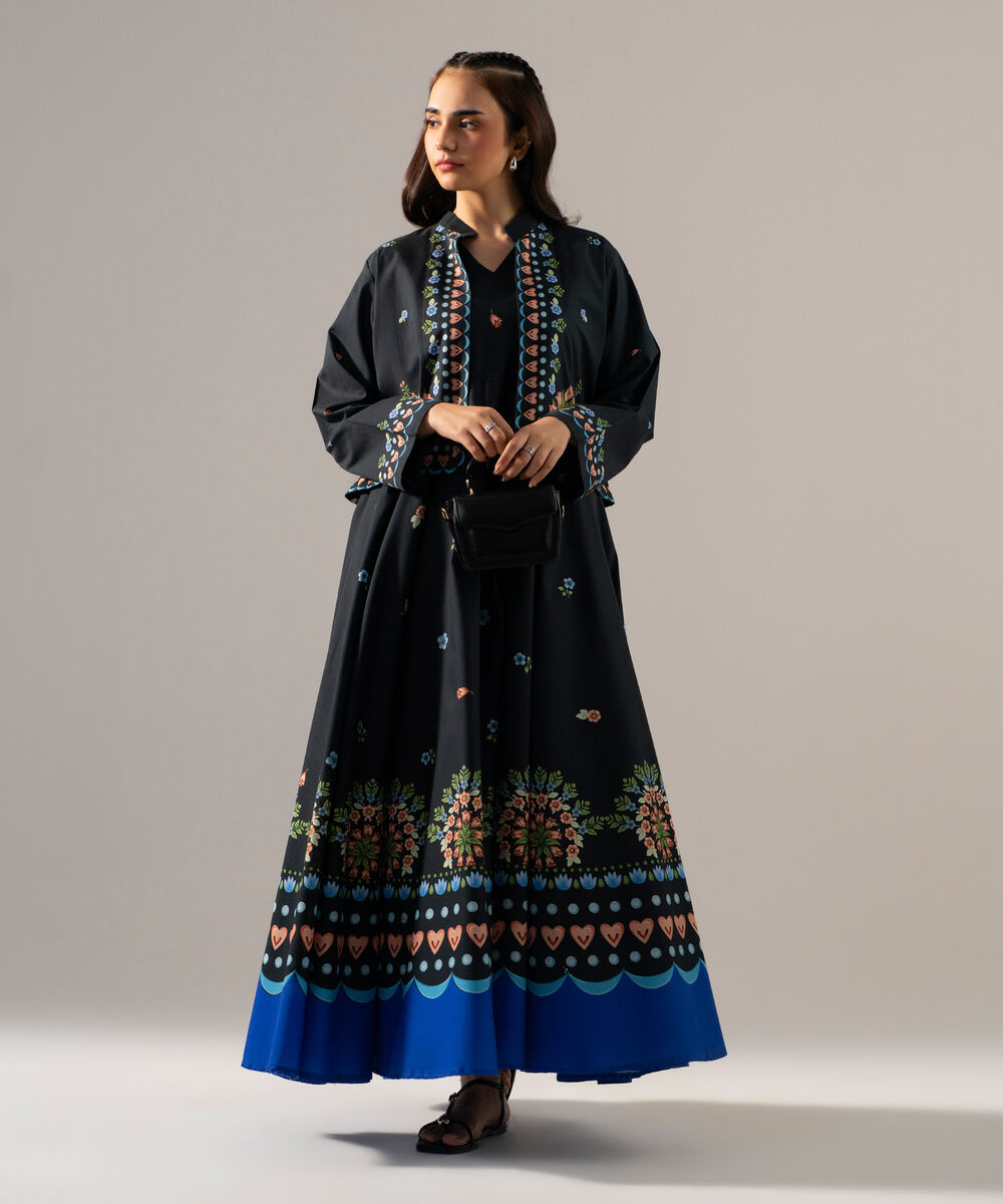 Women's RTW Cambric Printed Black Waist Coat