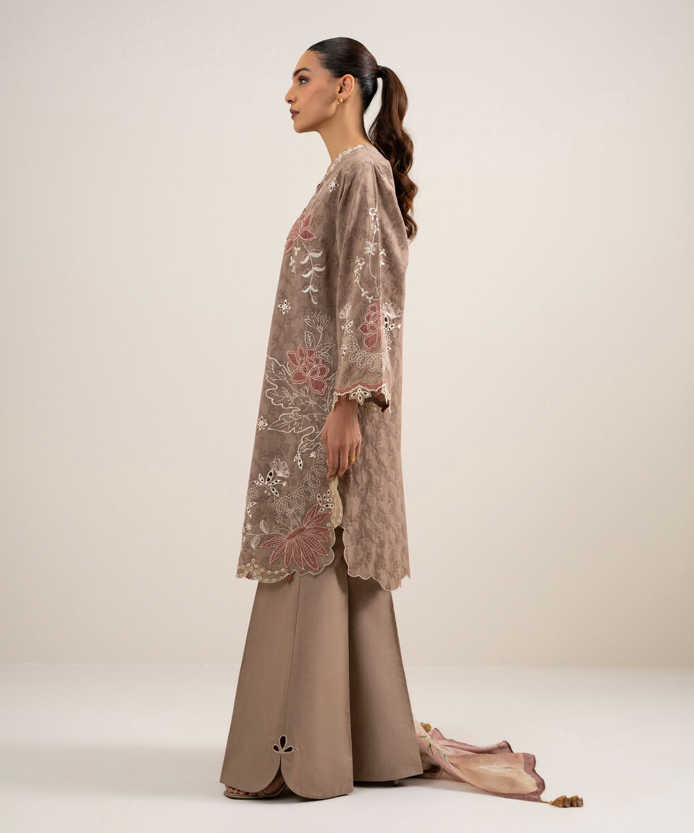 Women's Unstitched Self Jacquard Embroidered Beige 3 Piece Suit