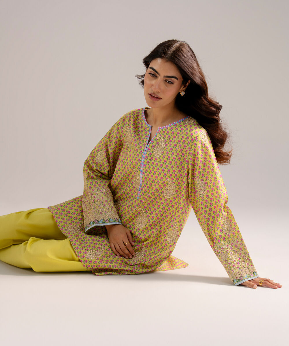 Women's RTW Zari Lawn Embroidered Lime Green Straight Shirt