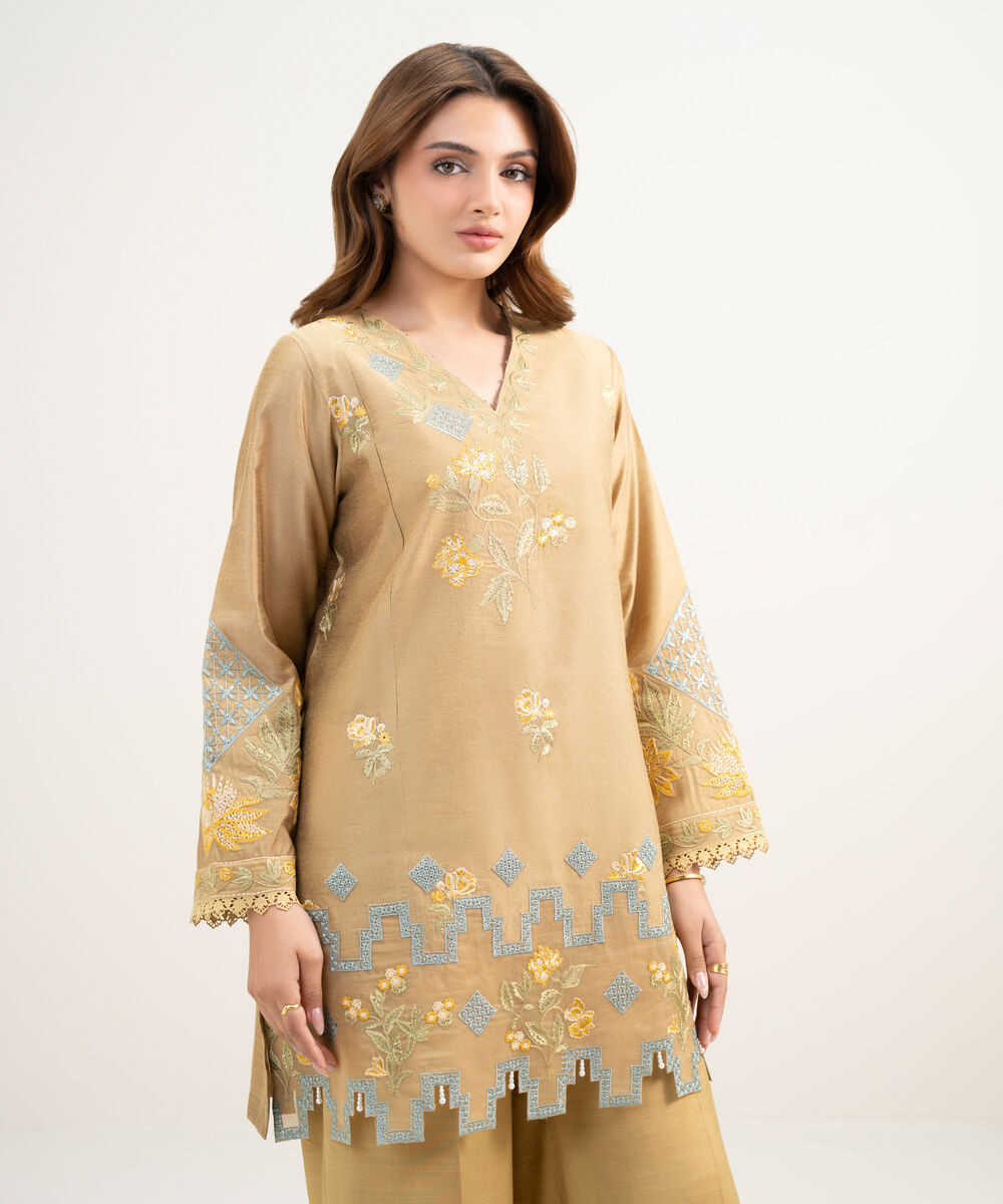 Women's RTW Silk Cotton Net Embroidered Golden 2 Piece Suit