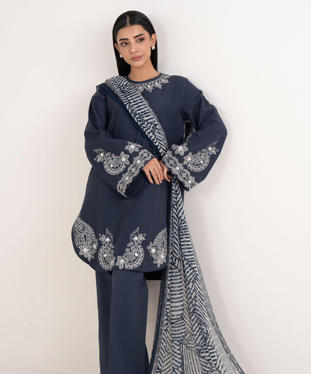 Women's Unstitched Dobby Embroidered Blue 3 Piece Suit