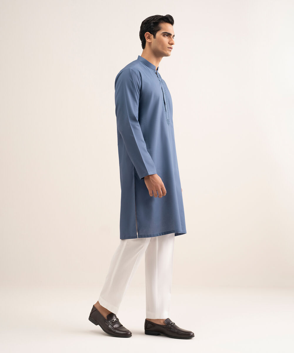 Men'S Stitched Blue Cotton Jacquard Kurta