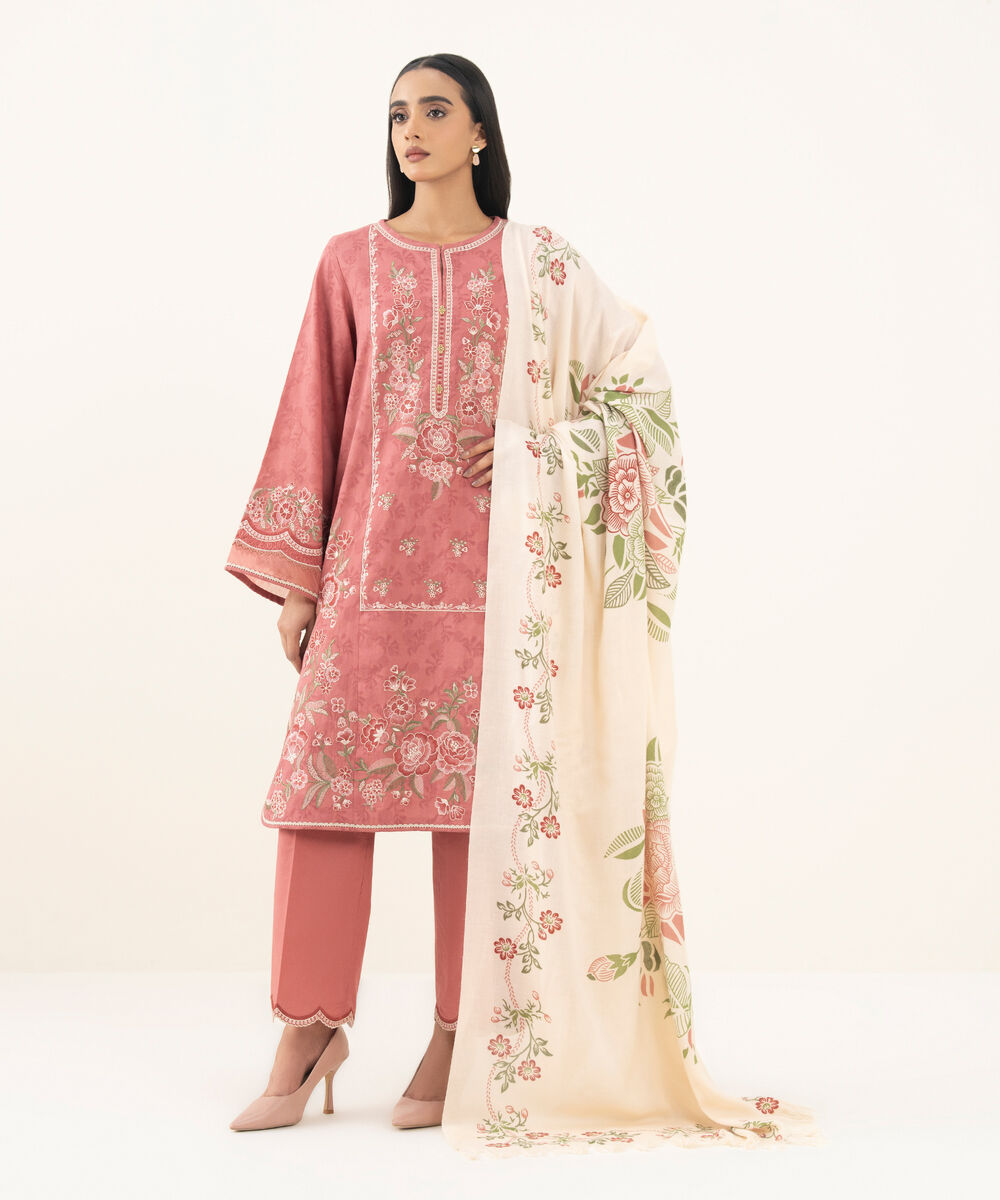 Women's Unstitched Embroidered Cotton Jacquard coral 3 Piece Suit