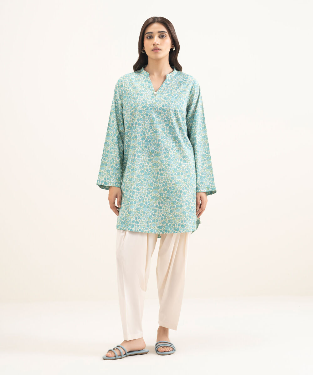 Women's RTW Cotton Viscose Printed Blue Straight Shirt