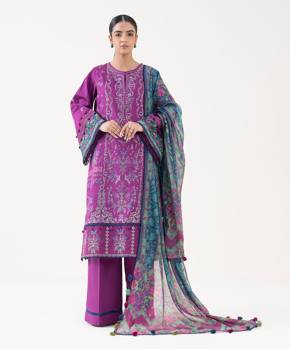 Women's Unstitched Light Cotton Satin Dyed Three Piece Suit