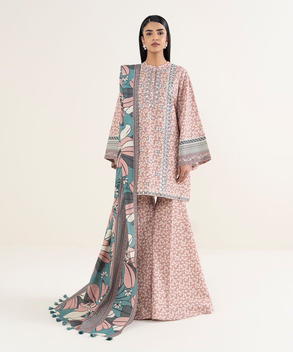Women's Unstitched Embroidered Khaddar Tea Pink 3 Piece Suit