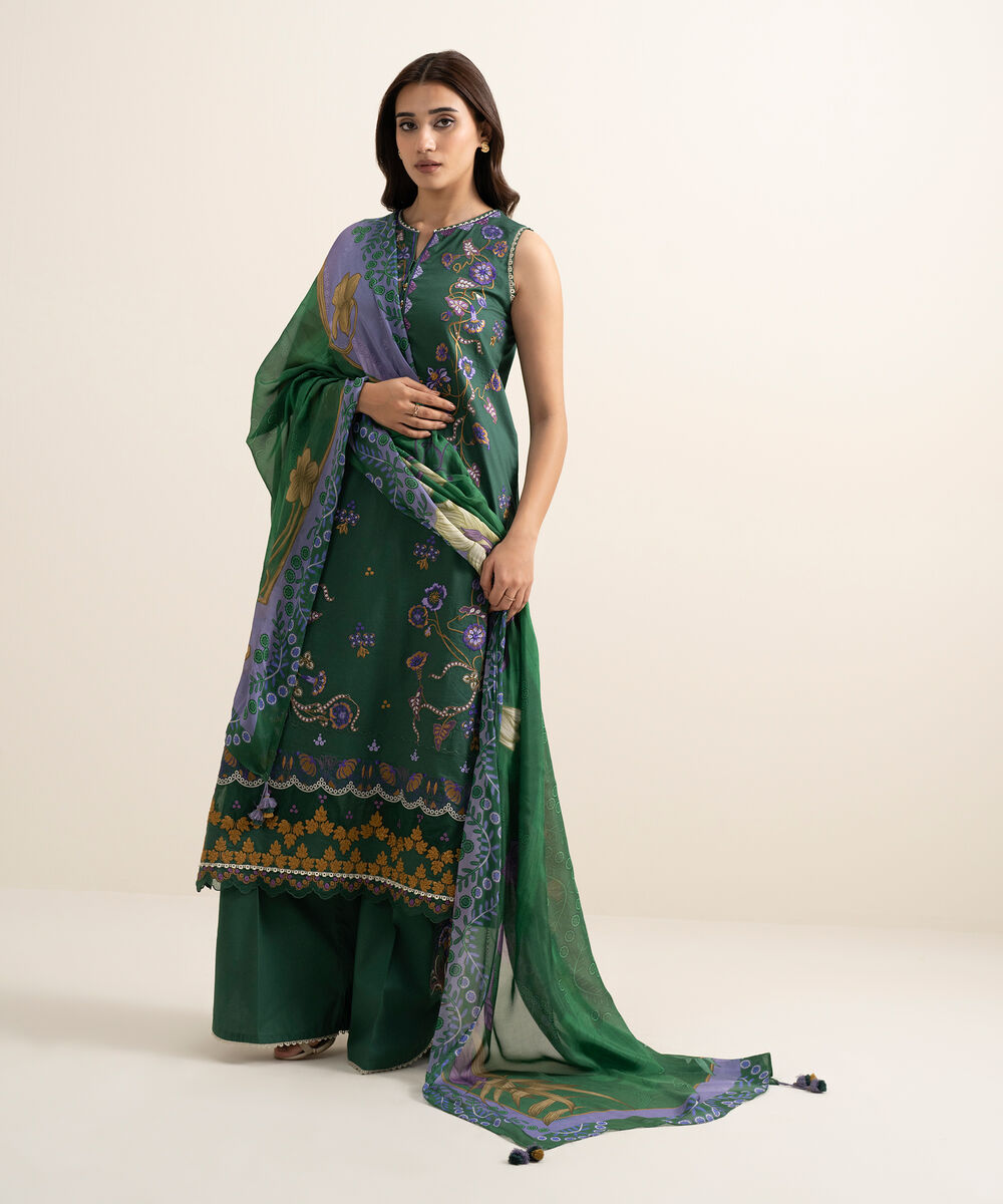 Women's Unstitched Textured Lawn Embroidered Green 3 Piece Suit