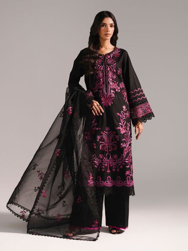 3 Piece - Embroidered Cotton Satin Suit