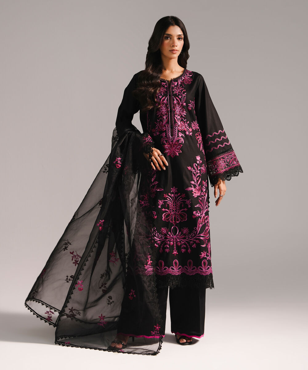 Women's RTW Cotton Satin Embroidered Black 3 Piece Suit