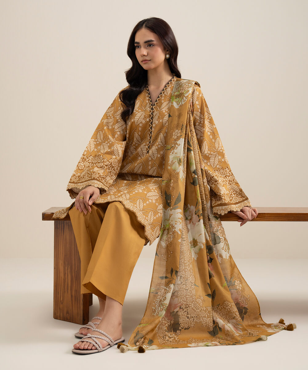 Women's Unstitched Lawn Printed Yellow 3 Piece Suit