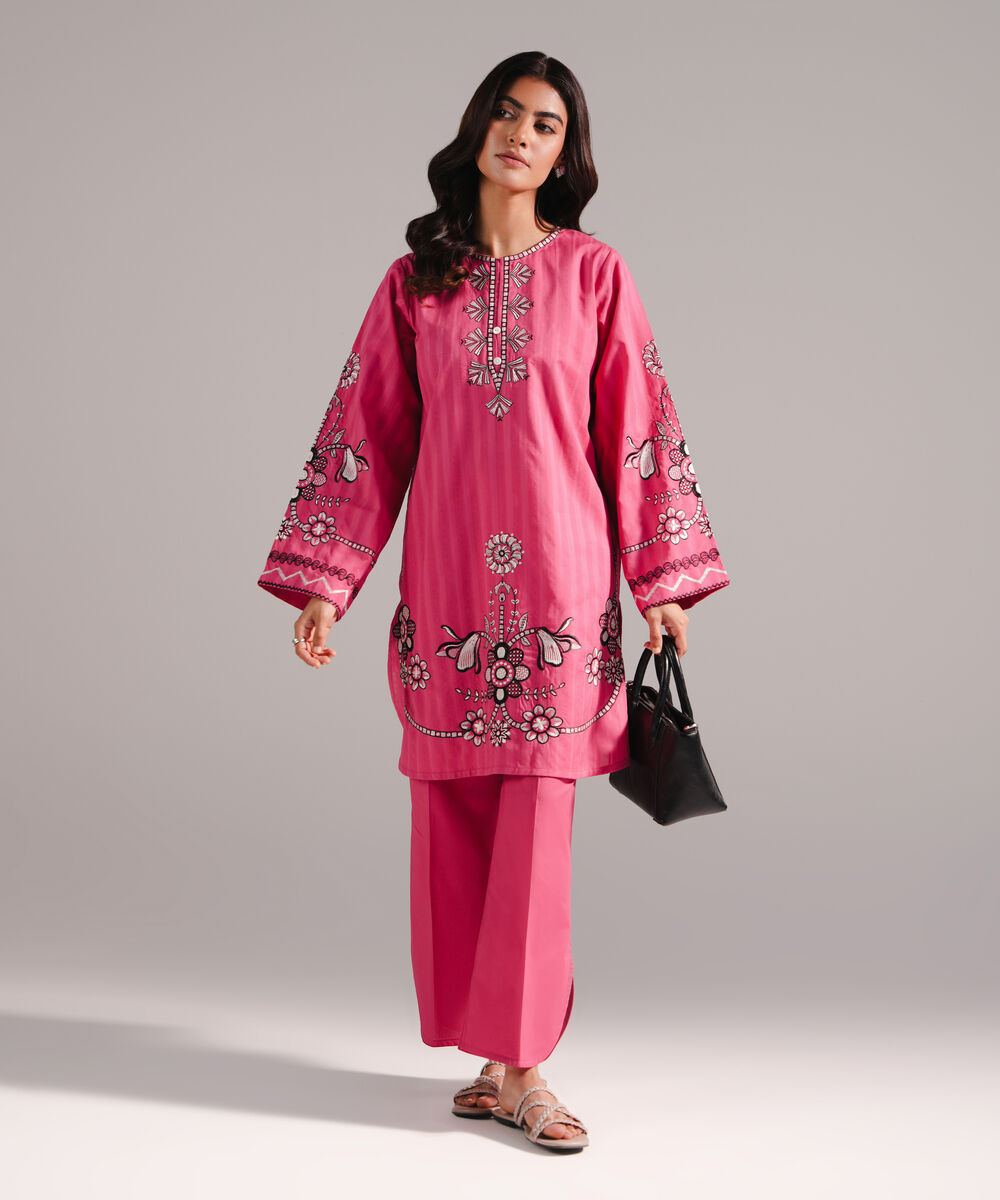 Women's RTW Dobby Embroidered Pink 2 Piece Suit
