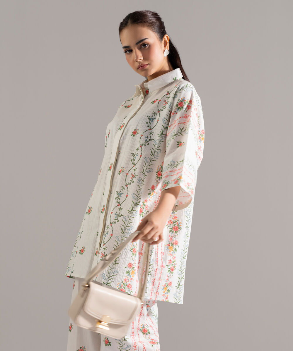 Women's RTW Seersucker Printed Grey 2 Piece Suit
