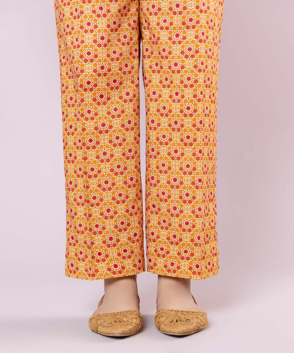 Women's Pret Cotton Viscose Printed Orange Straight Pants
