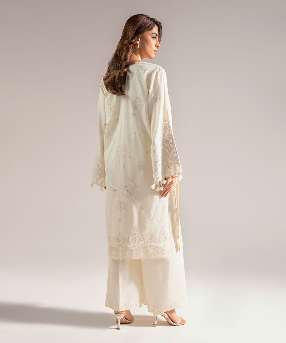 Women's RTW Textured Cotton Embroidered Off White 2 Piece Suit