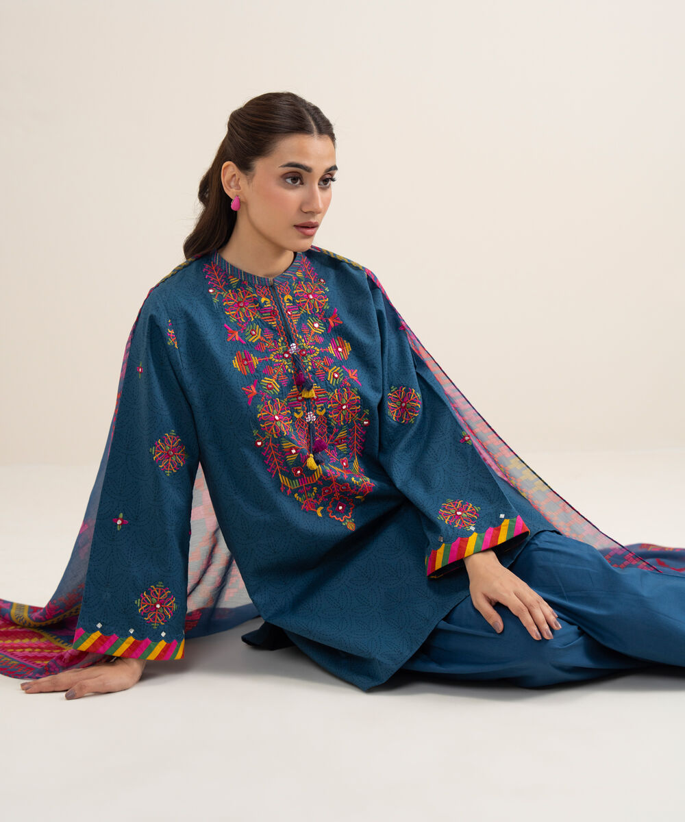 Women's Unstitched Lawn Embroidered Blue 3 Piece Suit