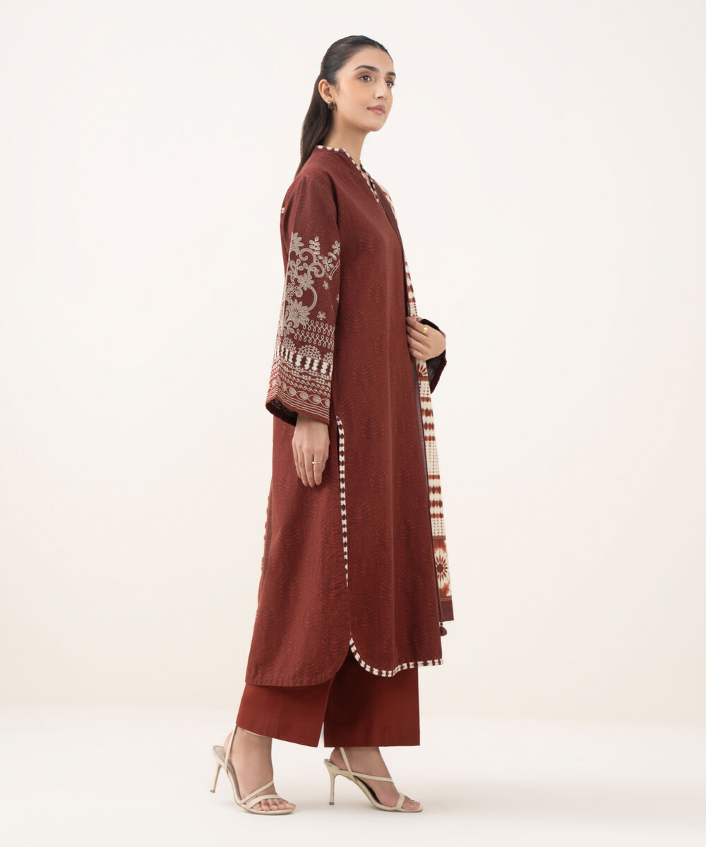 Women's Unstitched Light Khaddar Printed Red  3 Piece Suit