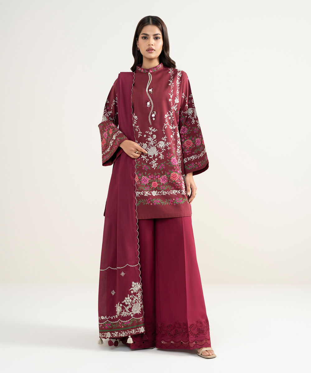 Women's Unstitched Lawn Embroidered Red 3 Piece Suit