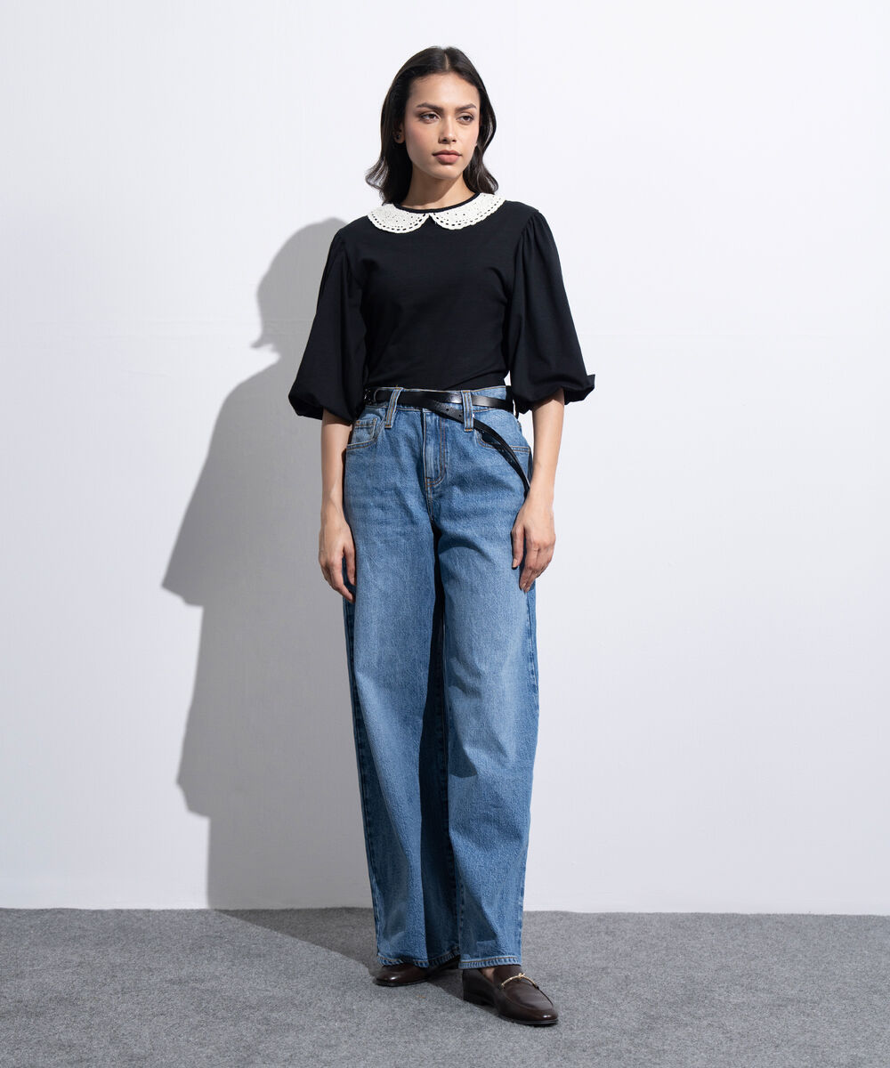 Women's Western Black Embroidered Collar Top