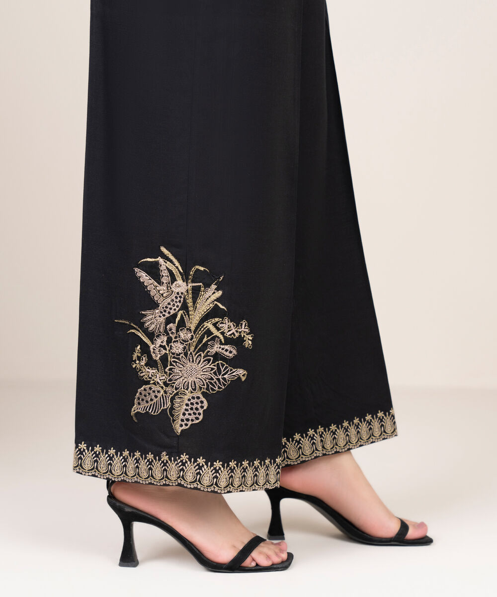 Women's RTW Cotton Viscose Embroidered Black Culottes