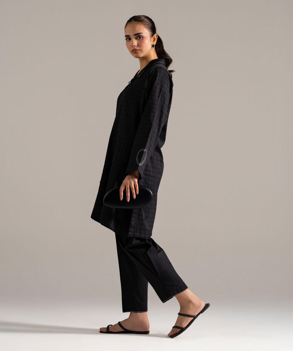 Women's RTW Dobby Printed Black Straight Shirt