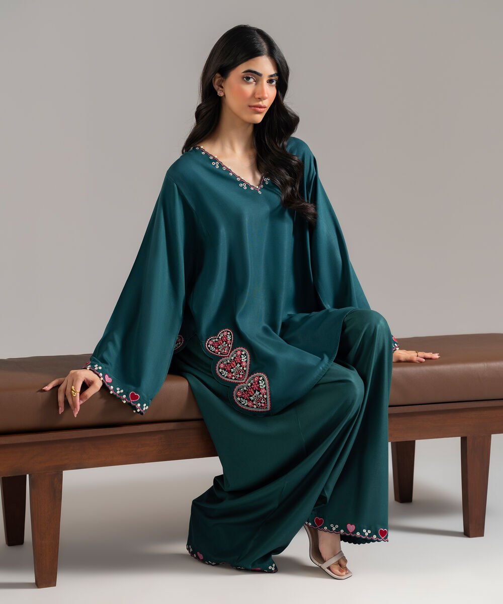 Women's RTW Bedford Embroidered Green Boxy Shirt