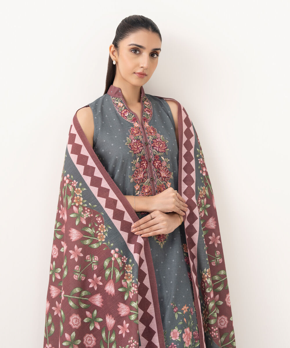 Women's Unstitched Khaddar Embroidered Multi 3 Piece Suit