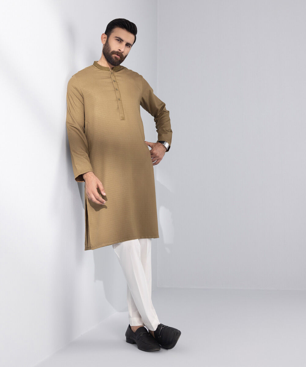 Men's Stitched Kurta Brown Embroidered Jacquard Kurta