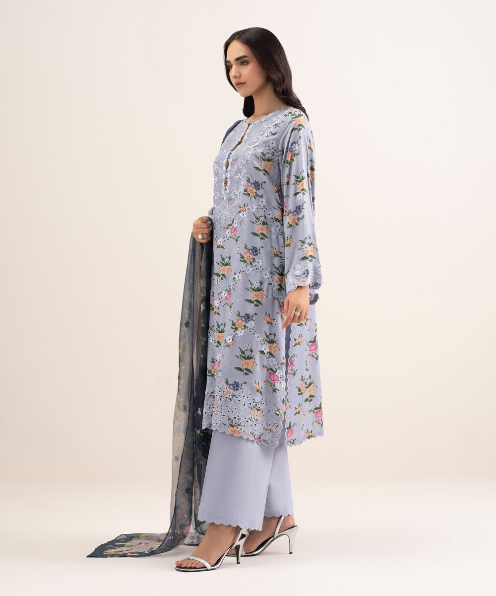 Women's Unstitched Viscose Satin Embroidered Grey 3 Piece Suit