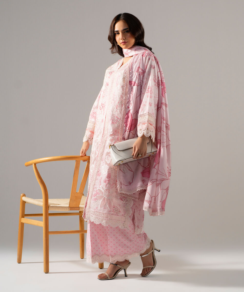 Women's RTW Self Jacquard Printed Embroidered Off White 3 Piece Suit