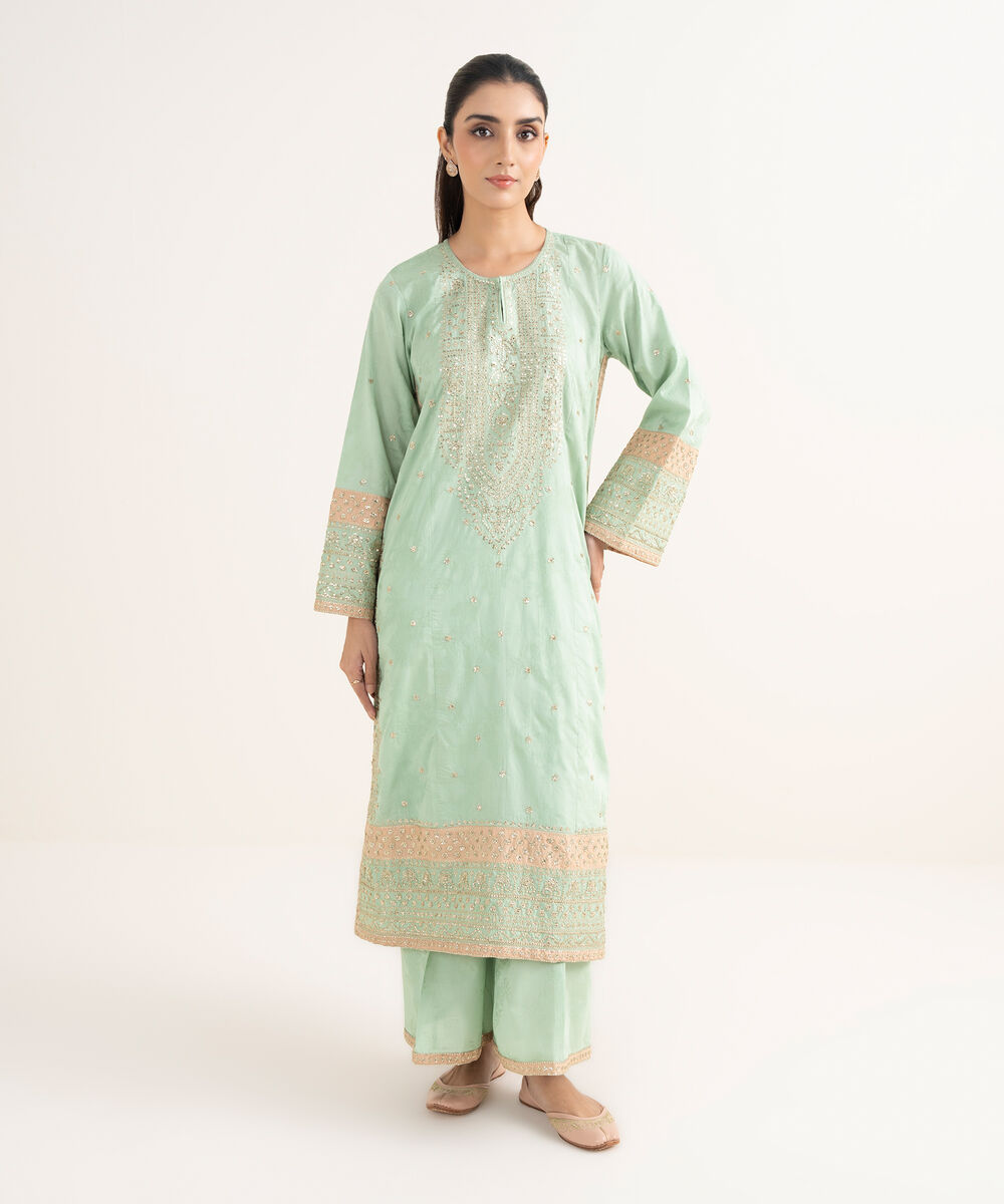 Women's RTW Self Jacquard Leno Embroidered Mint Green A-Line Shirt