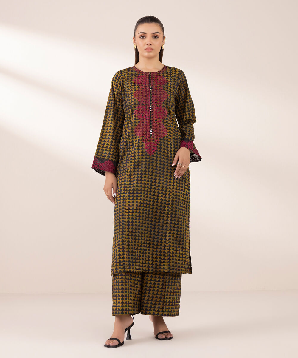 Women's RTW Lawn Brown Embroidered A-Line Shirt