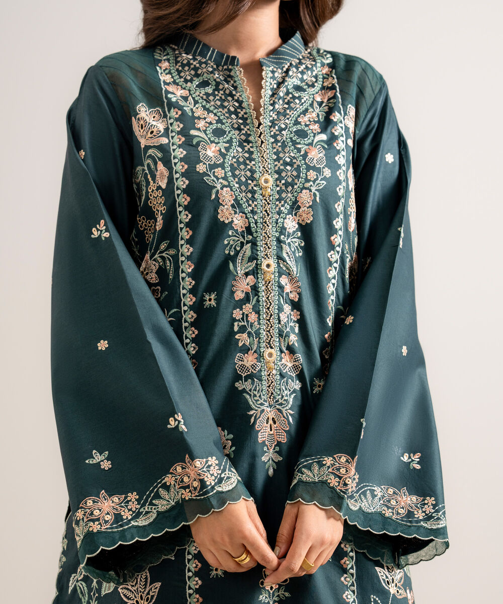 Women's Unstitched Embroidered Cotton Viscose Teal Green 3 Piece Suit