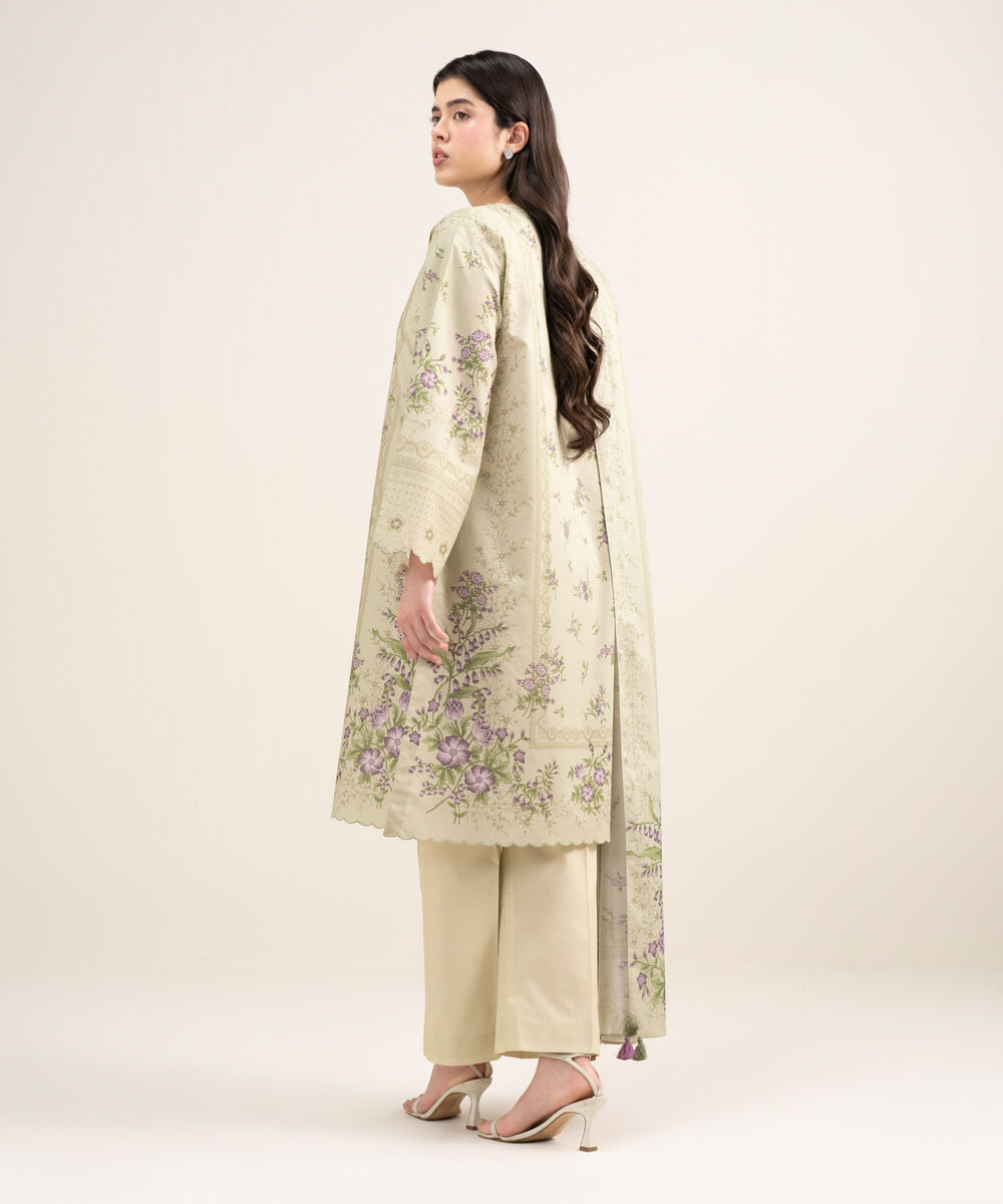 Women's Unstitched Zari Lawn Printed Beige 3 Piece Suit