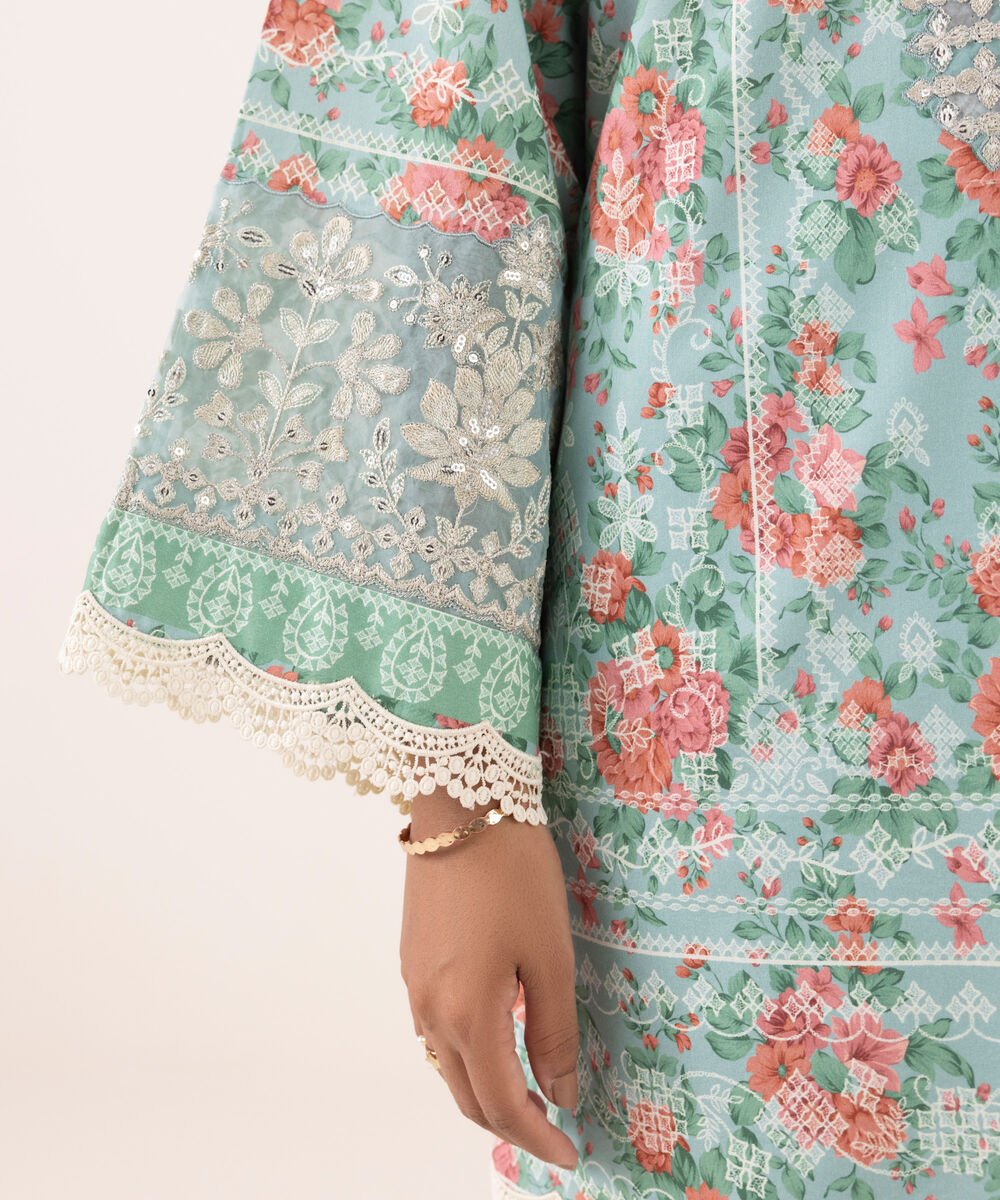 Women's Unstitched Cotton Viscose Embroidered Blue 3 Piece Suit