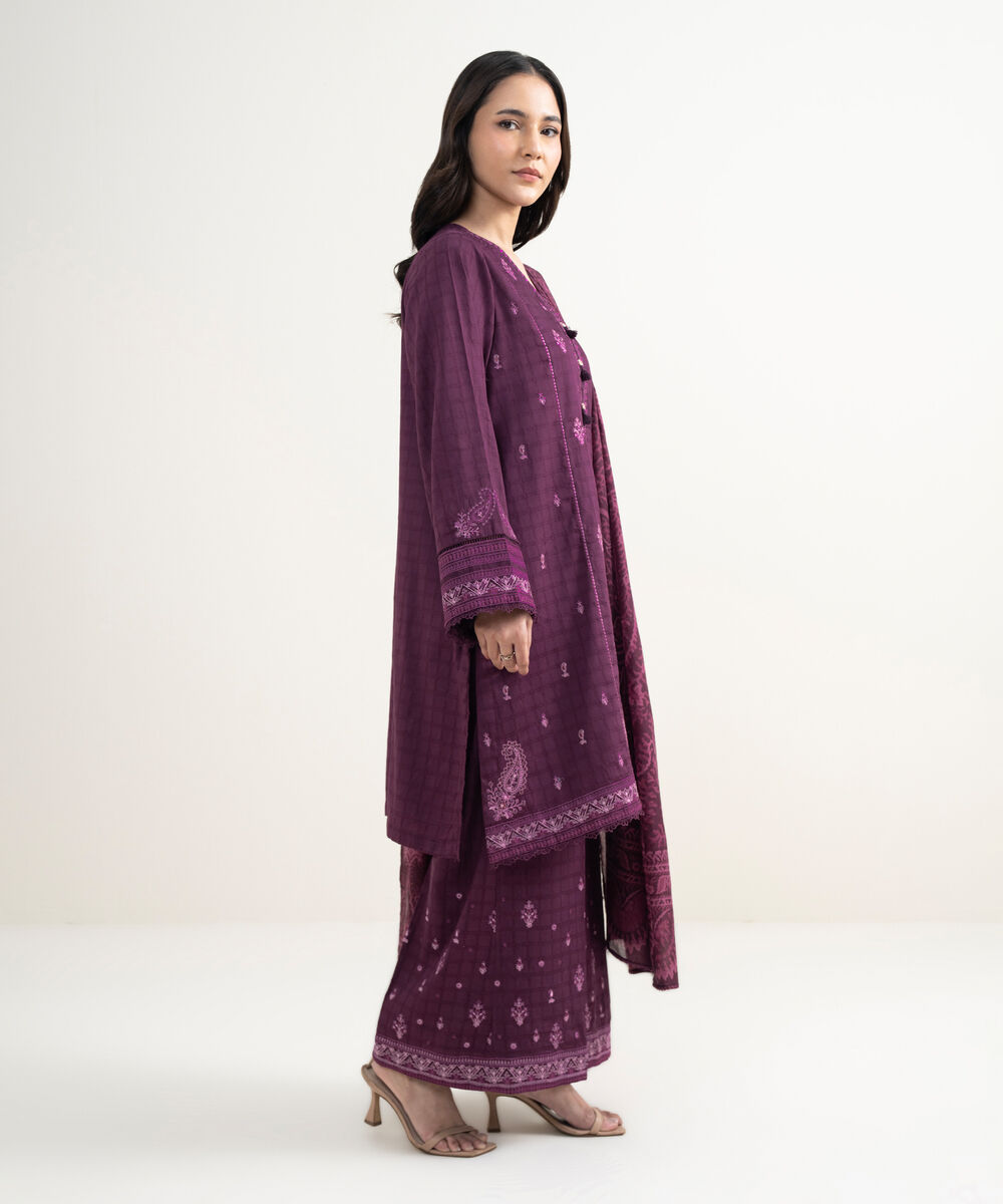 Women's RTW Dobby Embroidered Purple 3 Piece Suit