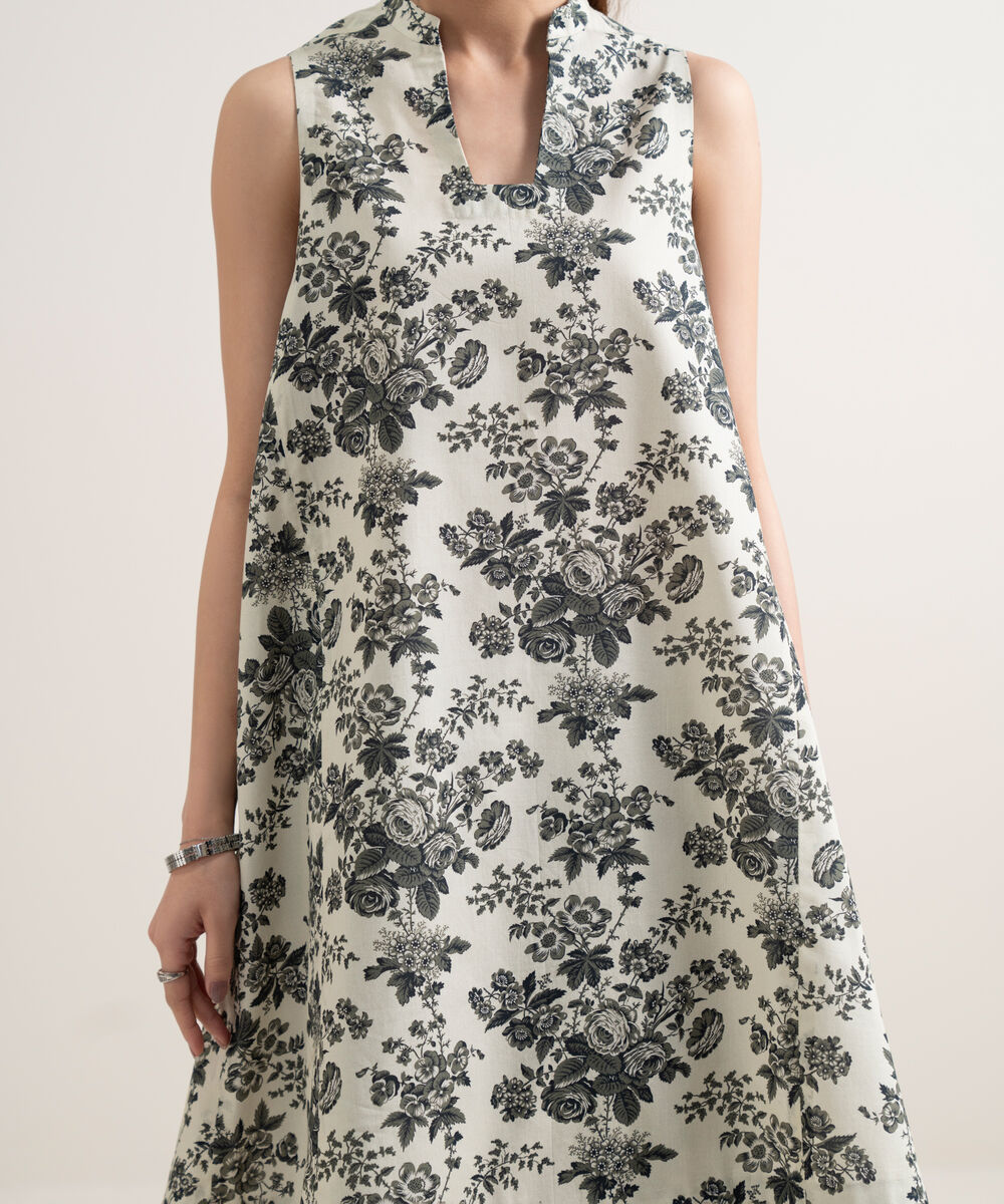 Women's Unstitched Lawn Printed Off White and Grey Shirt