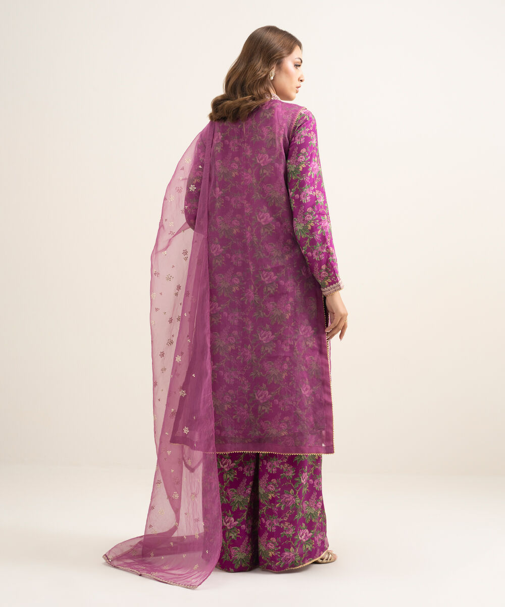 Women's RTW Blended Organza Embroidered Purple 3 Piece Suit