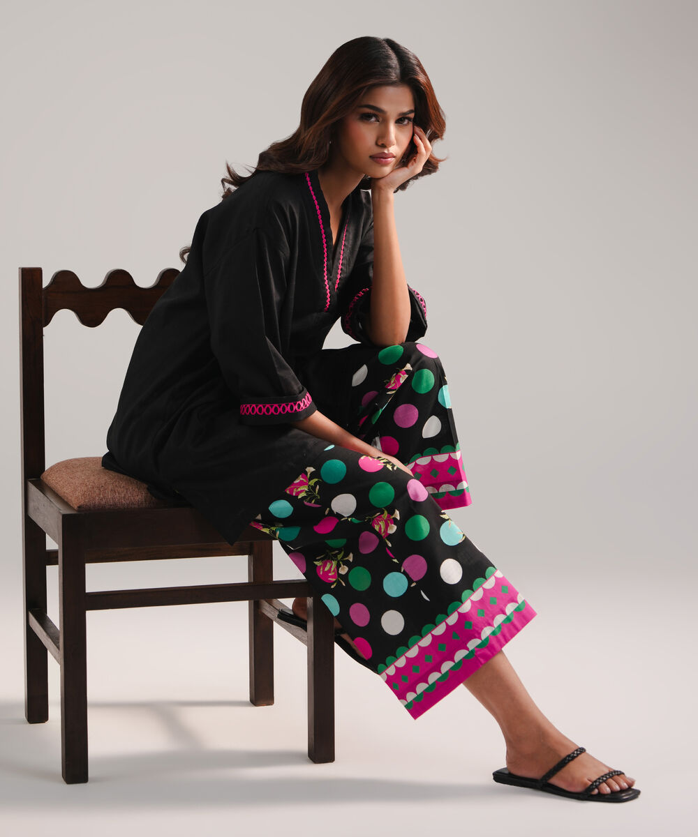 Women's RTW Dobby Embroidered Black 2 Piece Suit