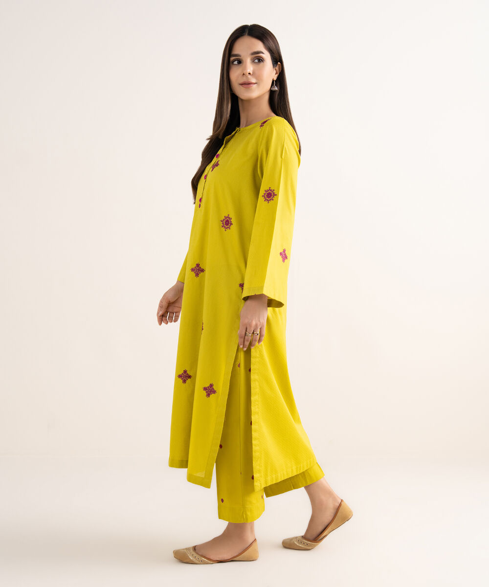 Women's RTW Textured Cotton Lime Green Embroidered A-Line Shirt