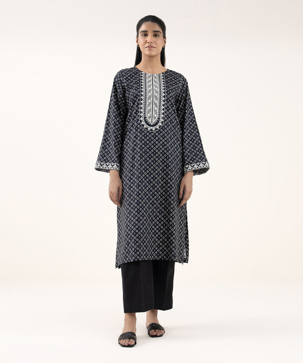 Women's RTW Lawn Black Embroidered A-Line Shirt