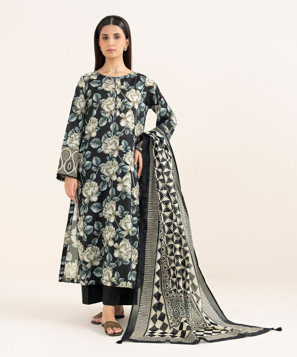 Women's RTW Textured Lawn Black Embroidered A-Line Shirt