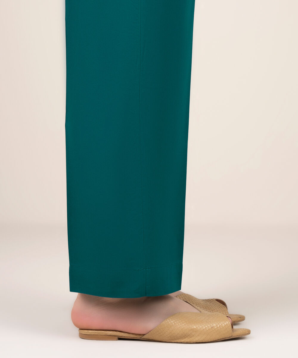 Women's RTW Cotton Solid Teal Straight Pants