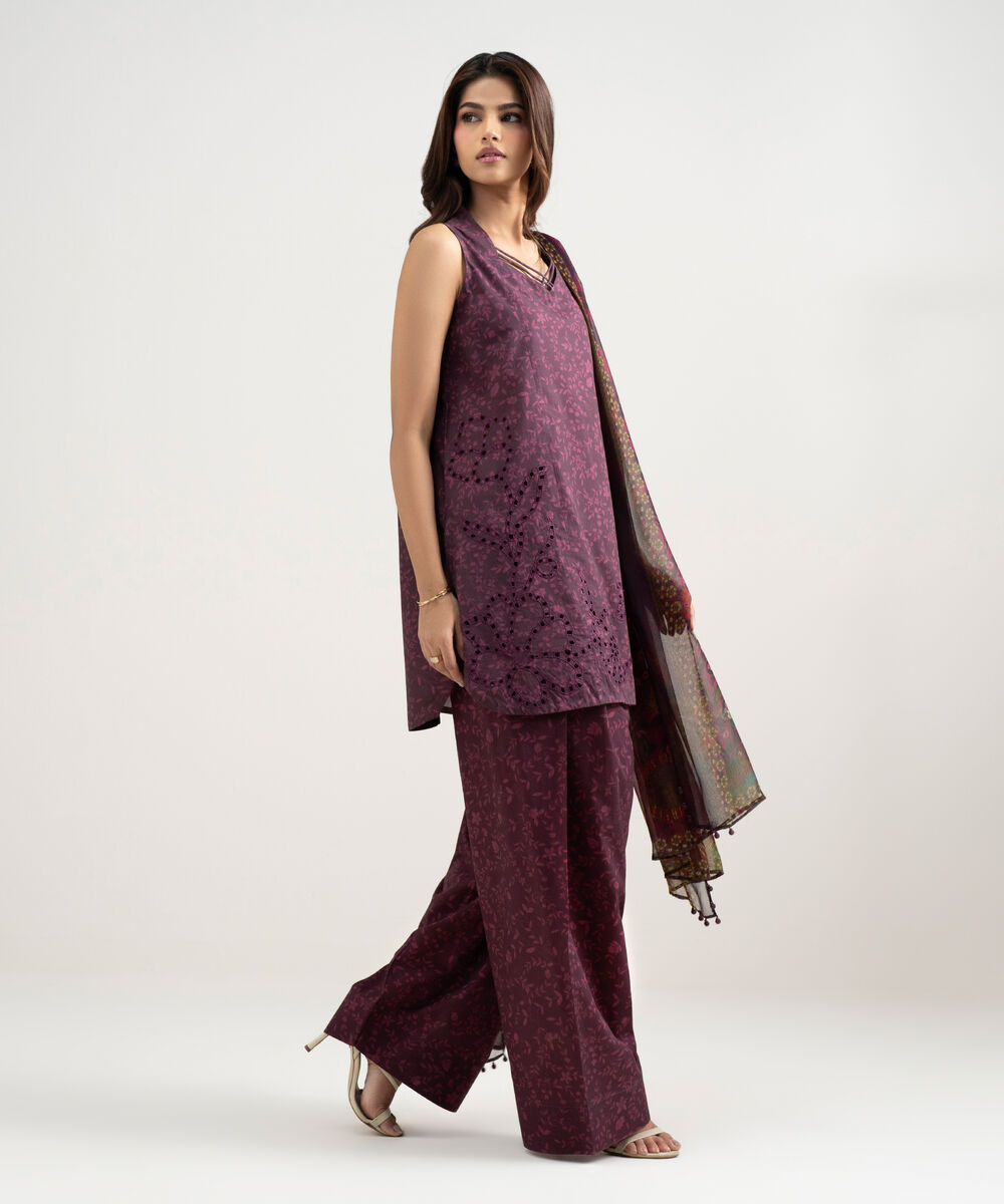 Women's Unstitched Lawn Embroidered Purple 3 Piece Suit