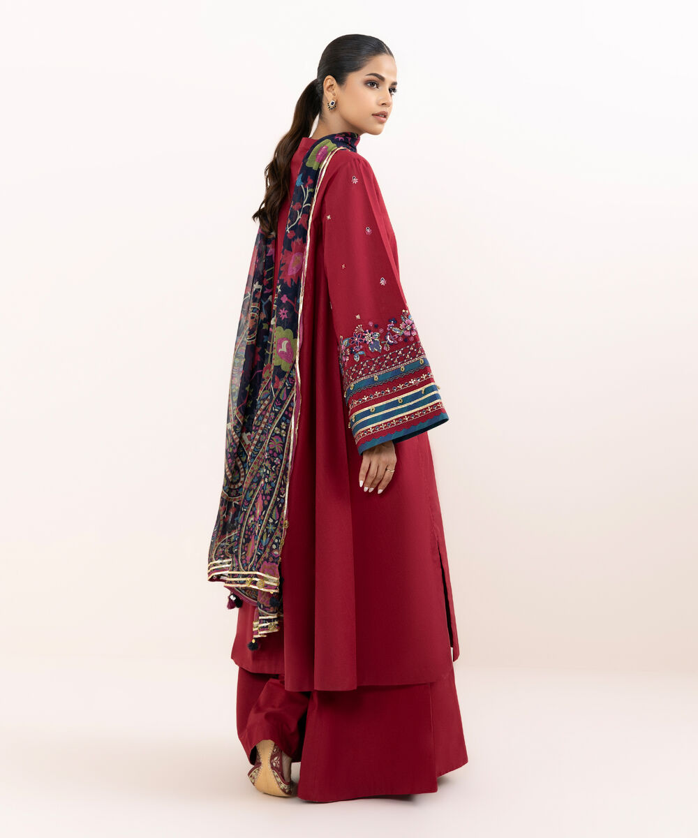 Women's Unstitched Raw Silk  Embroidered Red  3 Piece Suit