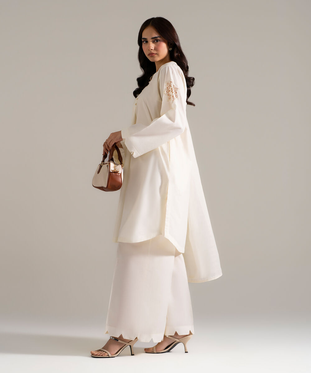 Women's RTW Cambric Printed Off White 3 Piece Suit