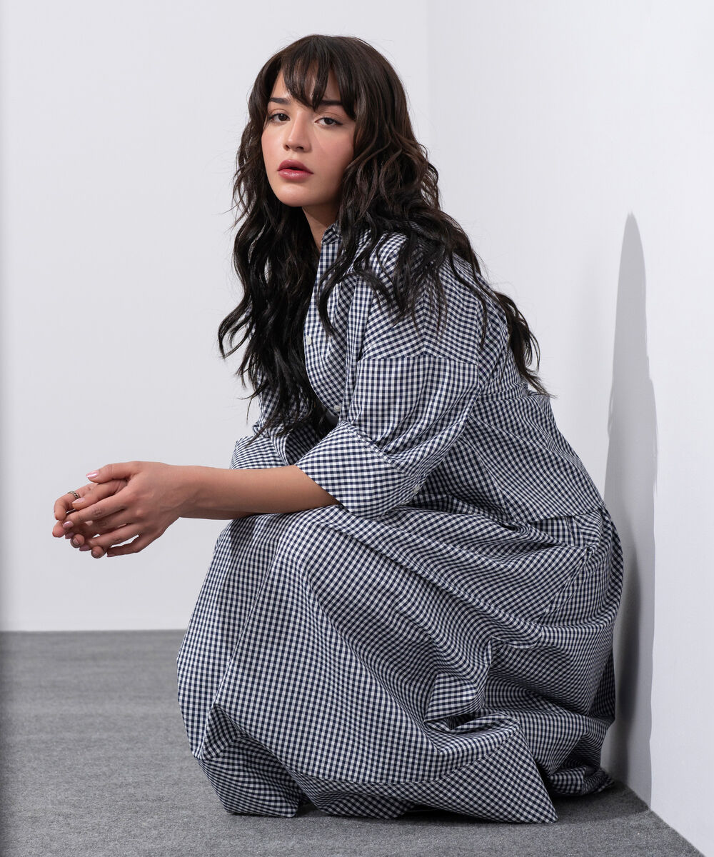 Women's Western White And Navy V-Neck Gingham Top