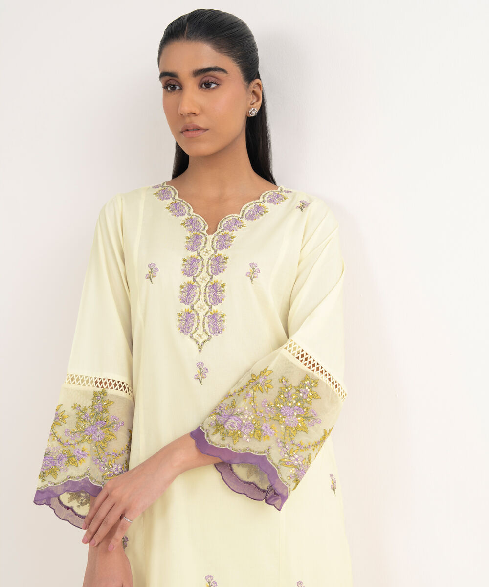 Women's RTW Cotton Viscose Embroidered Off White A-Line Shirt