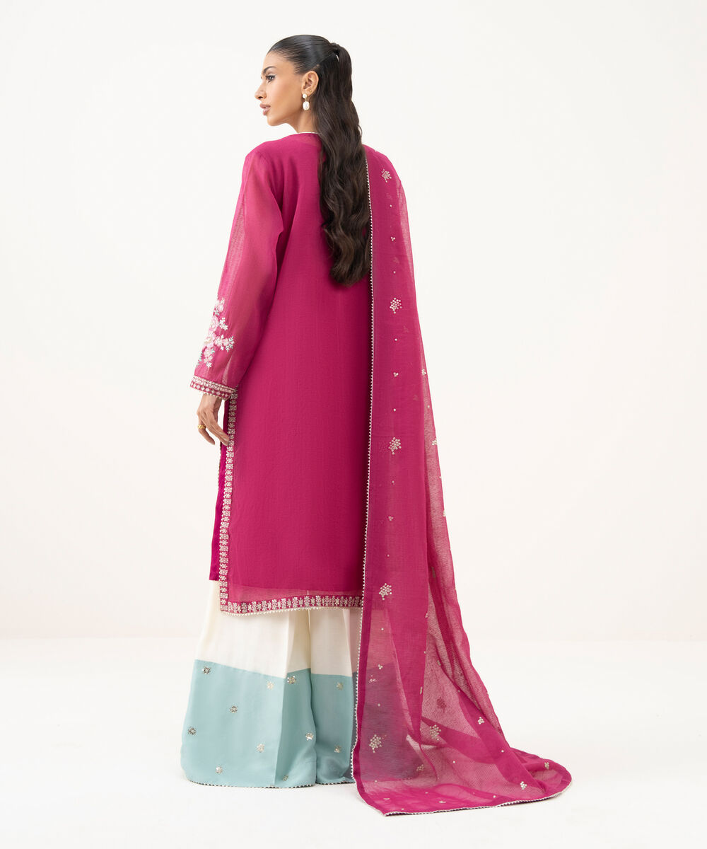 Women's RTW Blended Textured Karandi Embroidered Pink Three Piece Suit