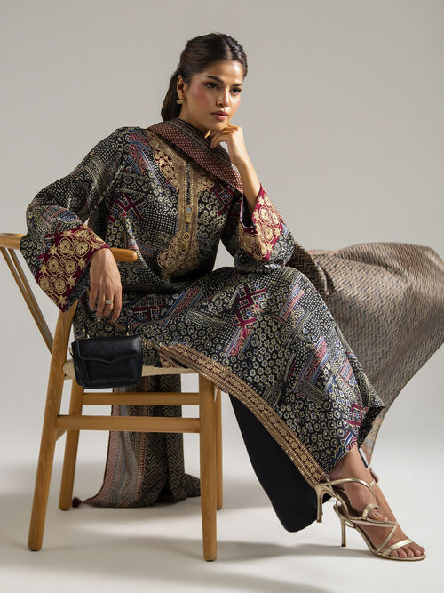 3 Piece - Embroidered Raw Silk Suit