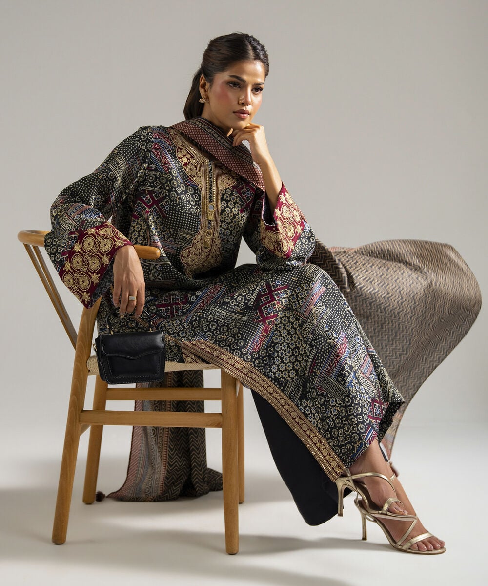 Women's RTW Bright Raw Silk Embroidered Black 3 Piece Suit